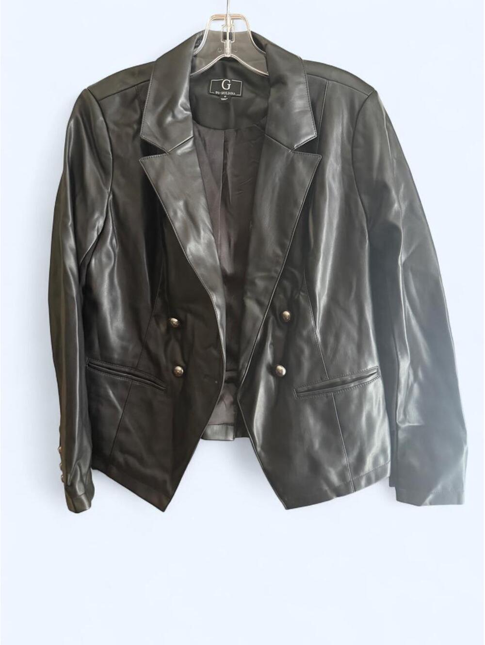 Black faux leather blazer with double-breasted buttons and pockets, size M